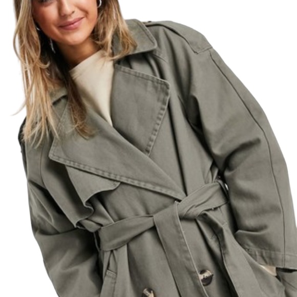 ASOS Overzized Cavas Double Breast Trench Coat Army Green - Picture 5 of 10